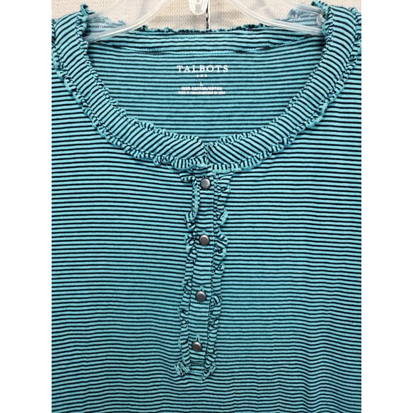 Talbots Cotton Green Striped Ruffle Neck 3/4 Sleeve Top Size Large - Picture 3 of 6